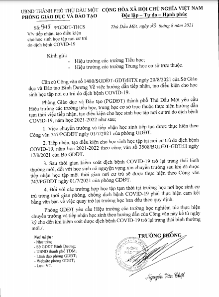 Thông báo về việc tiếp nhận, tạo điều kiện cho học sinh học tập nơi cư trú  do dịch bệnh COVID-19