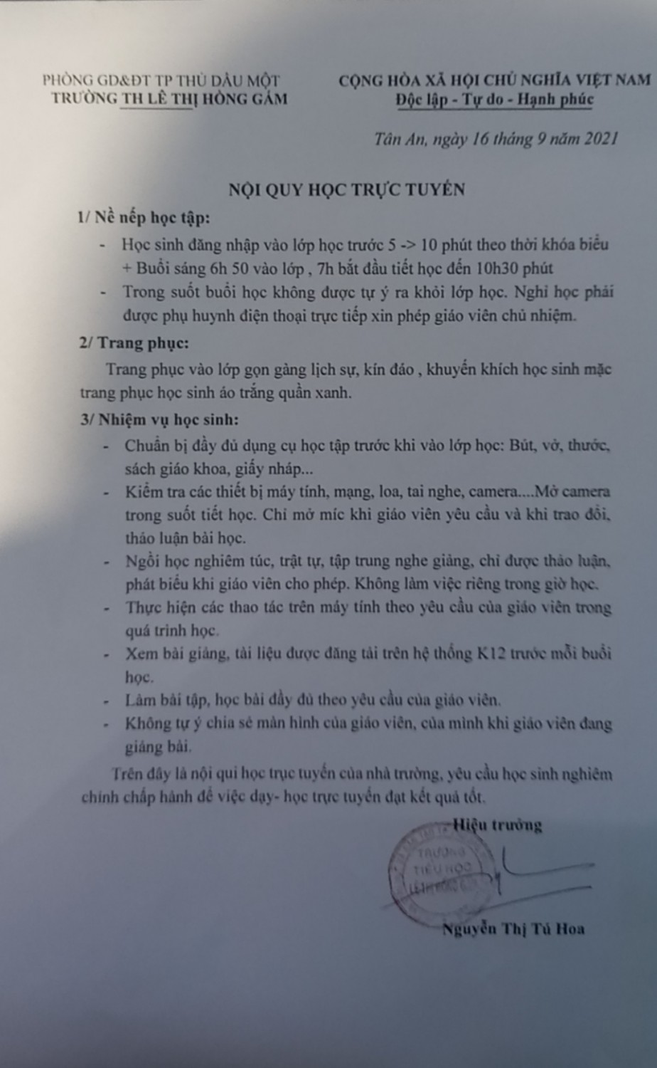 Nội quy học trực tuyến trường tiểu học Lê Thị Hồng Gâm